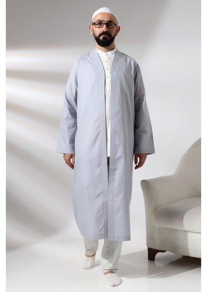 Gri Erkek Namaz Elbisesi V Yaka Düğmesiz Önü Açık Namaz Cübbesi fırsatları