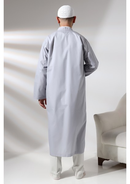 Gri Erkek Namaz Elbisesi V Yaka Düğmesiz Önü Açık Namaz Cübbesi indirimleri
