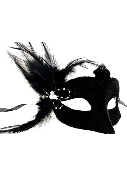 Siyah Renk Yandan Tüylü Süet Kaplama Beyaz Incili Parti Maskesi 18X15 cm fiyatları
