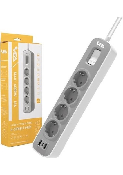 VE-NOVA104U A Class 4'lü 2 Usb'li Anahtarlı 1.5 Metre Grup Priz fırsatları