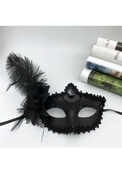 Siyah Mat Renk Yandan Tüylü Güllü Parti Balo Venedik Maskesi 16X22
