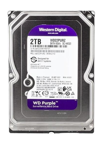 Western Digital Purple WD22PURZ 2 Tb Sata 6gb/s 7-24 Güvenlik Harddisk