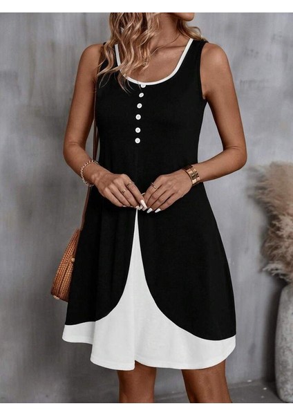 Kadın Askılı Yuvarlak Yaka Önden Düğmeli Çift Renkli Viskon Elbise fırsatları