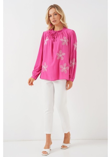 Uzun Kol Nakışlı Örme Bluz 951 - Pembe