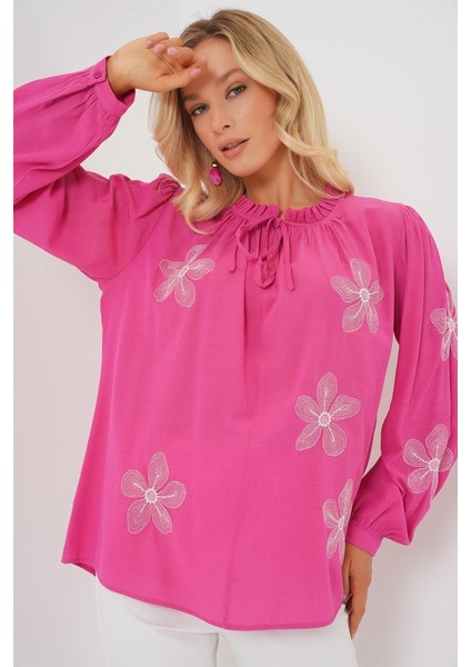 Uzun Kol Nakışlı Örme Bluz 951 - Pembe