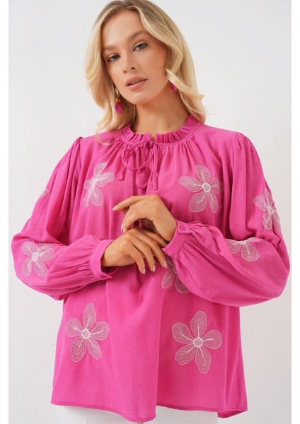 Uzun Kol Nakışlı Örme Bluz 951 - Pembe