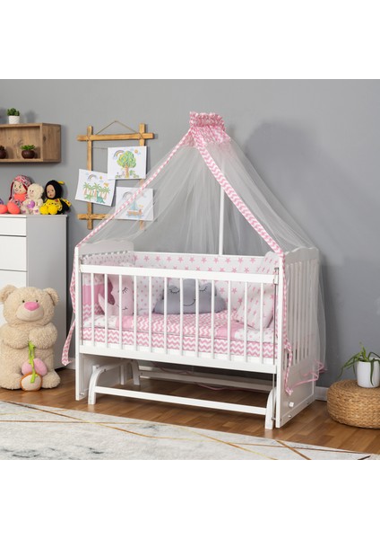 Ahşap Lake Beyaz Renk Anne Yanı Beşik 3 Kademeli Sallanan Ahşap Beşik 60 x 120 cm - Pembe Yıldız Uyku Setli & Soft Yataklı