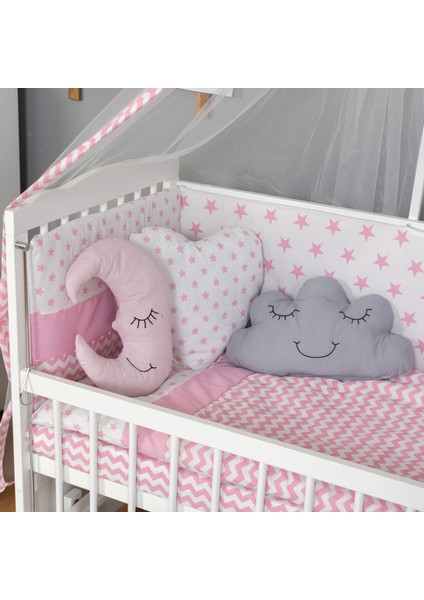 Ahşap Lake Beyaz Renk Anne Yanı Beşik 3 Kademeli Sallanan Ahşap Beşik 60 x 120 cm - Pembe Yıldız Uyku Setli & Soft Yataklı