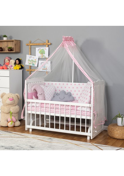 Ahşap Lake Beyaz Renk Anne Yanı Beşik 3 Kademeli Sallanan Ahşap Beşik 60 x 120 cm - Pembe Yıldız Uyku Setli & Soft Yataklı