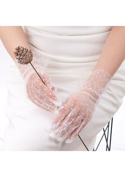 Kısa Boy Güpürlü Beyaz Puantiyeli Tül Eldiven Beyaz Renk fiyatları