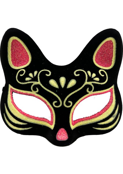 Siyah Renk Süet Kaplama Üzeri Kırmızı Sarı Simli Kedi Maskesi 17X14 cm