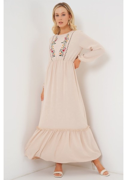 Nakışlı Uzun Tesettür Elbise 2550 - Krem fiyatları