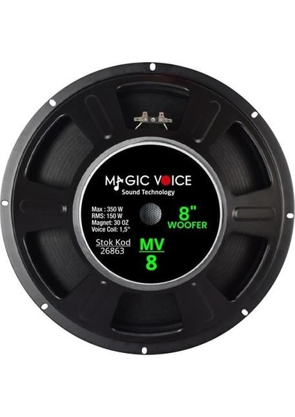 Mv-8 maks. 350 Watt / Rms 150 Watt 8' Siyah 20 cm Woofer Yedek Hoparlör