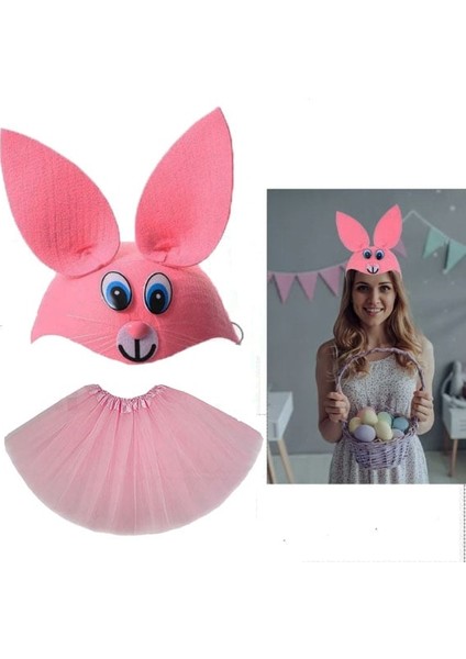Tavşan Kostümü Pembe - 23 Nisan Tavşan Şapka ve Tütü Etek Seti 2 Parça