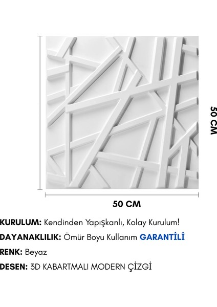 3D Pvc Kabartmalı Kendinden Yapışkanlı Duvar Kağıdı Paneli Çizgi Model Beyaz Renk 50X50CM