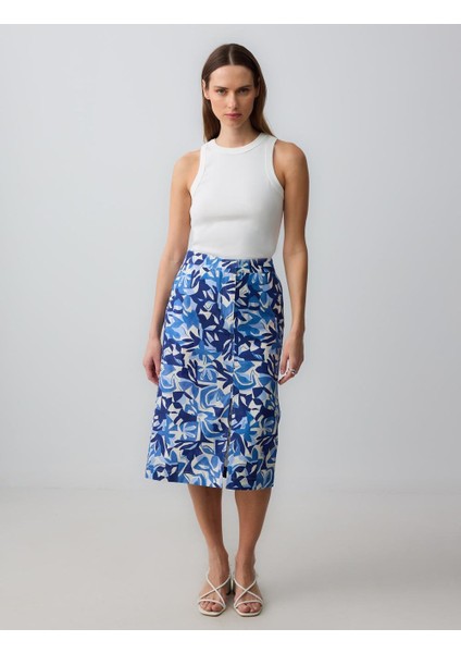 Mavi %100 Pamuk Düz Kesim Normal Bel Desenli Dokuma Midi Etek