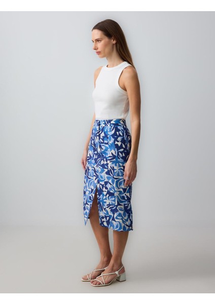 Mavi %100 Pamuk Düz Kesim Normal Bel Desenli Dokuma Midi Etek fiyatları