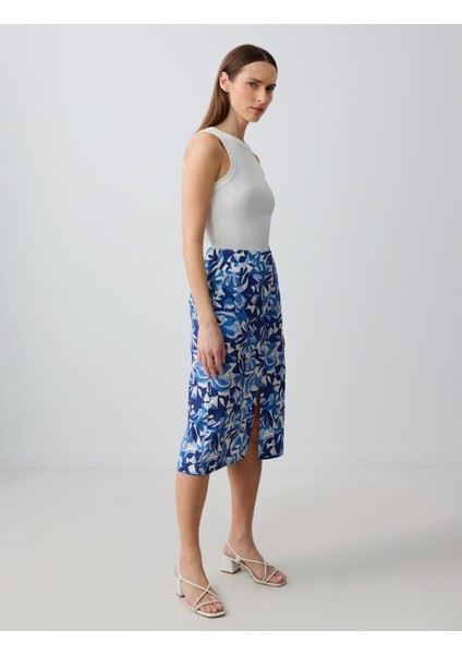 Mavi %100 Pamuk Düz Kesim Normal Bel Desenli Dokuma Midi Etek modelleri