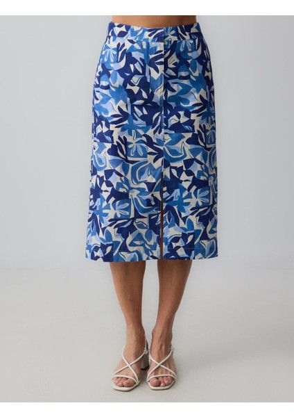 Mavi %100 Pamuk Düz Kesim Normal Bel Desenli Dokuma Midi Etek fırsatları