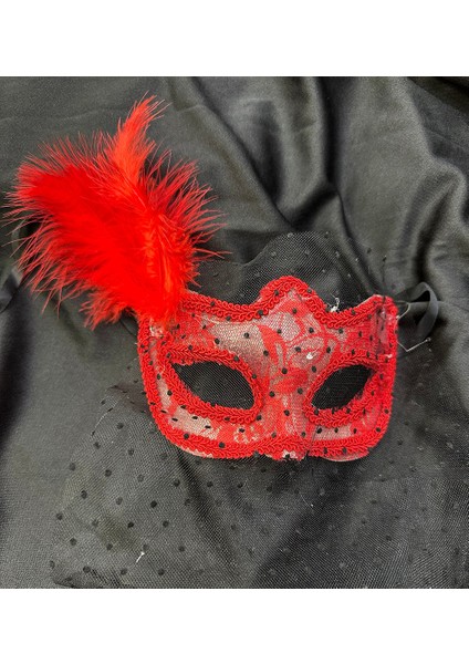 Kırmızı Renk Dantelli Duvaklı Incili Parti Maskesi Balo