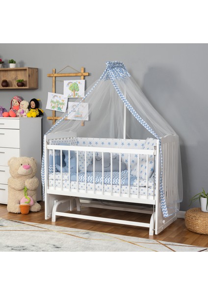 Ahşap Lake Beyaz Renk Anne Yanı Beşik 3 Kademeli Sallanan Ahşap Beşik 60 x 120 cm - Mavi Yıldız Uyku Setli & Soft Yataklı