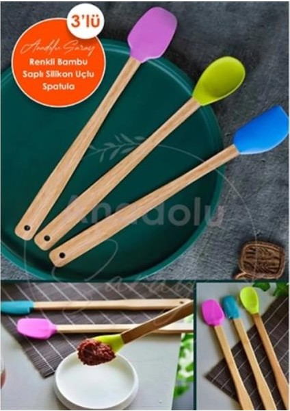Silikon Uçlu Isıya Dayanıklı Bambu Spatula 3'lü Set