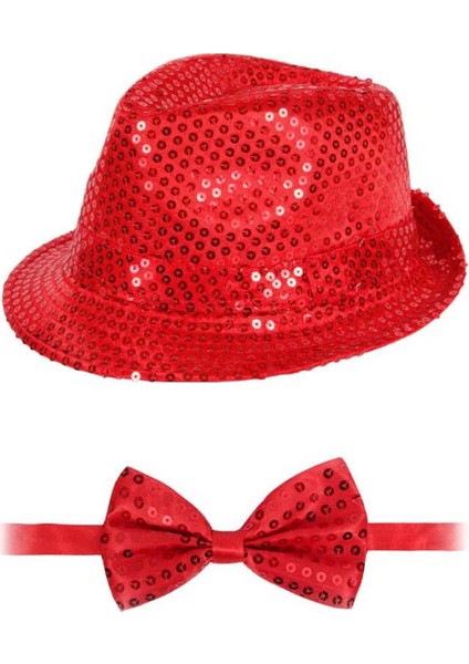 Kırmızı Payetli Şapka ve Papyon Seti - Parıltılı Yetişkin Kostüm Seti fiyatları