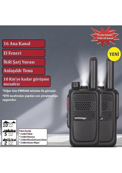 PM-580 Pmr Şarj Dahil Ikili El Telsizi (10 Km)(16 Kanal + 121 Alt Kanal)