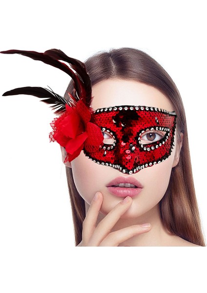 Kırmızı Renk Yandan Tüylü Güllü Gümüş Taşlı Pullu Maske 20X22 cm fiyatları