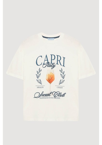 Yazı Baskılı Ekru Kadın T-Shirt TSH00505