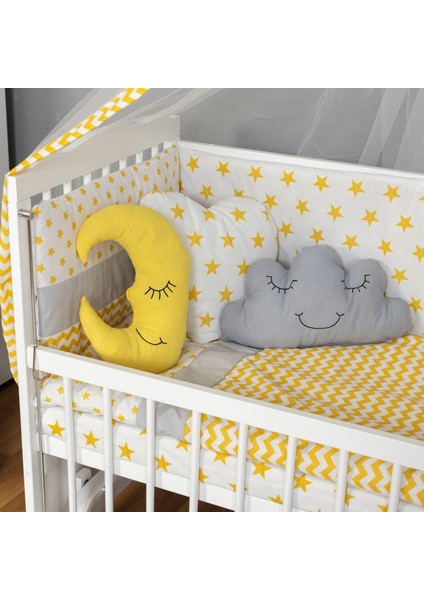 Ahşap Lake Beyaz Renk Anne Yanı Beşik 3 Kademeli Sallanan Ahşap Beşik 60 x 120 cm - Sarı Yıldız Uyku Setli & Soft Yataklı