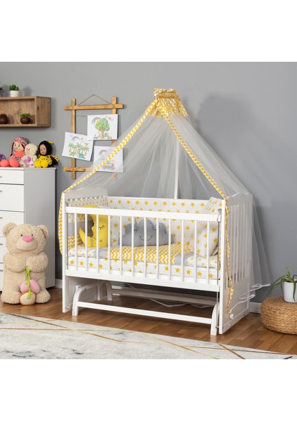 Ahşap Lake Beyaz Renk Anne Yanı Beşik 3 Kademeli Sallanan Ahşap Beşik 60 x 120 cm - Sarı Yıldız Uyku Setli & Soft Yataklı fiyatları