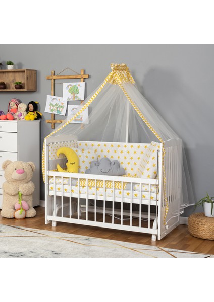 Ahşap Lake Beyaz Renk Anne Yanı Beşik 3 Kademeli Sallanan Ahşap Beşik 60 x 120 cm - Sarı Yıldız Uyku Setli & Soft Yataklı modelleri