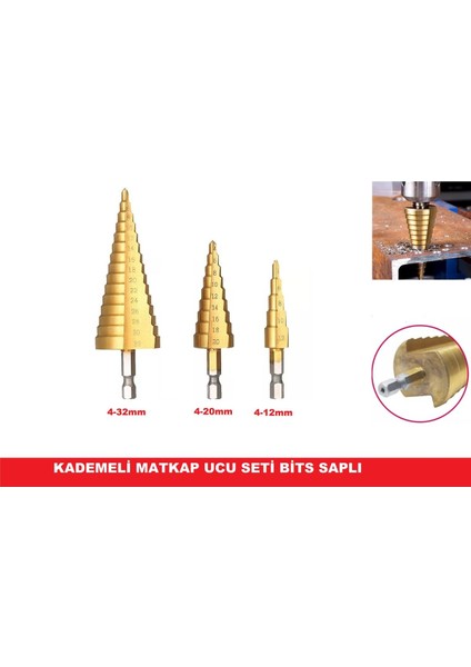 Kademeli Matkap Ucu Bits Saplı Hss 3'lü Set-Kozalak Uç Seti