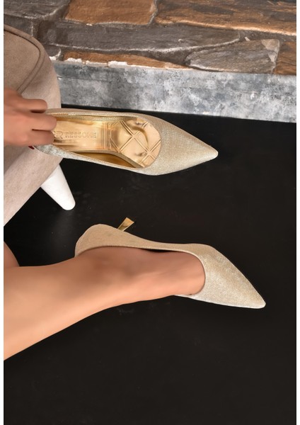 Panya Kadın Simli Gold 7 cm Şampanya Topuklu Stiletto modelleri