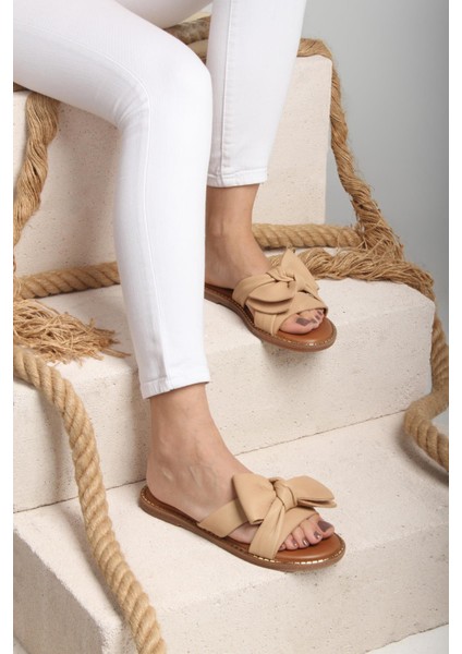 Bej Hakiki Deri Tabanı Kahve Yumuşak Hakiki Deri Kadın Yazlık Terlik