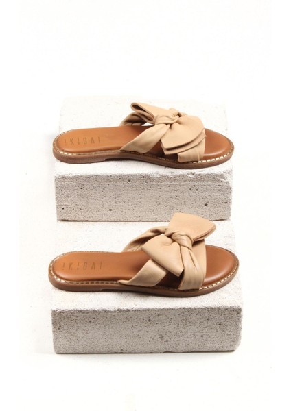Bej Hakiki Deri Tabanı Kahve Yumuşak Hakiki Deri Kadın Yazlık Terlik fırsatları