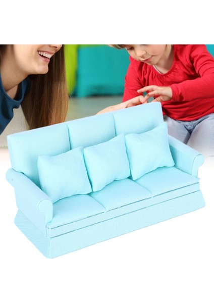 1:12 Bebek Evi Mini Kanepe 3 Adet Yastık Oturma Odası Mobilyaları Ahşap Bebek Evi Dekorasyon Aksesuarları Mavi (Yurt Dışından) indirimleri