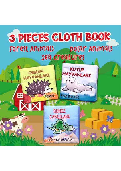 3 Kitap Tox Orman, Deniz ve Kutup Hayvanları Kumaş Sessiz Kitap T055 T056 T059 - Bez Kitap , Eğitici Oyuncak , Yumuşak ve Hışırtılı fırsatları