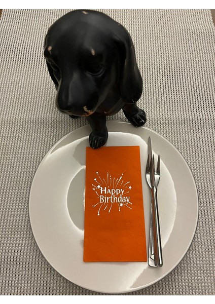 Gümüş Yaldızlı Turuncu Happy Bırthday Garson Katlama Peçete 16 Adet