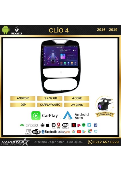 Renault Clio 4 Kablosuz Carplay 2+64GB Android 13 Navigasyon Multimedya Sistemi 2016-2019