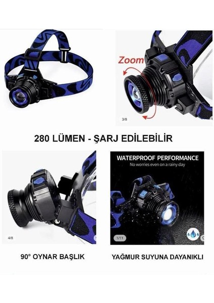 Focus Kafa Lambası 280 Lümen Şarjlı Su Geçirmez Zoomlu