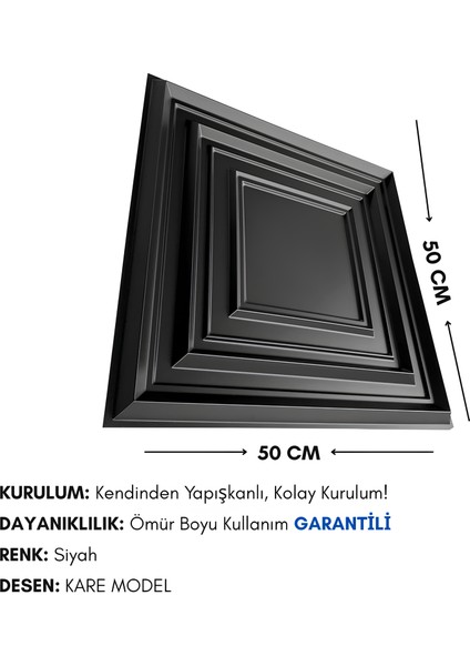 3D Pvc Kabartmalı Yeni Nesil Kendinden Yapışkanlı Duvar Kağıdı Paneli Kare Model Siyah Renk 50X50CM