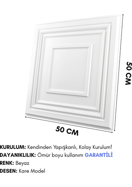 3D Kabartmalı Yeni Nesil Yapışkanlı Pvc Duvar Kağıdı Paneli Kare Model Beyaz Renk 50X50CM
