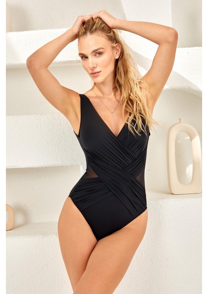 Lapieno 4136 Tül Detaylı Kruvaze Mayo