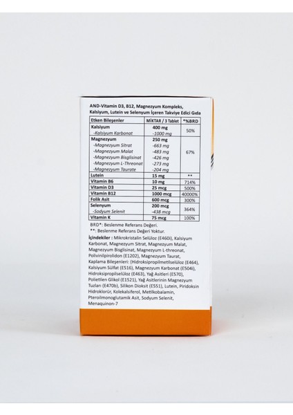 -Vitamin D3 K2 B12 B9 B6 Magnezyum Kompleks, Kalsiyum, Lutein ve Selenyum İçeren Gıda Takviyesi