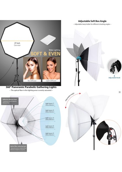 Ürün , Reklam , Moda , Makyaj , Stüdyo Için 70CM Octagon Softbox 45W Ampullü LED Sürekli Işık