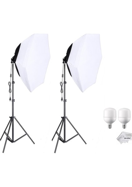 2 Li Youtube , Vlog , Tiktok Vb Canlı Yayın Için 70CM Octagon Softbox 45W Ampullü LED Sürekli Işık Seti