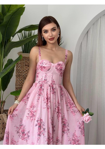 Kalın Askılı Çiçekli Pembe Şifon Emily Elbise