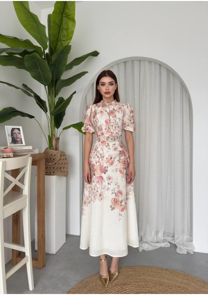 Alexa Çiçek Desenli Kemerli Uzun Elbise modelleri